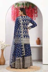 Timeless Blue Embroidered Kurta with Sharara & Dupatta