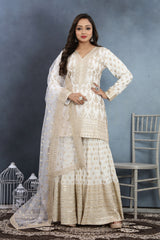 Timeless Whit Embroidered Kurta with Sharara & Dupatta