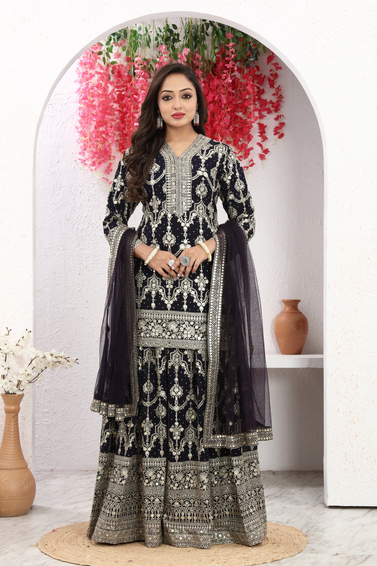 Midnight Glamour Black Embroidered  Kurta Palazzo with Net Dupatta