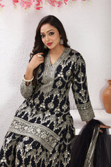 Midnight Glamour Black Embroidered  Kurta Palazzo with Net Dupatta