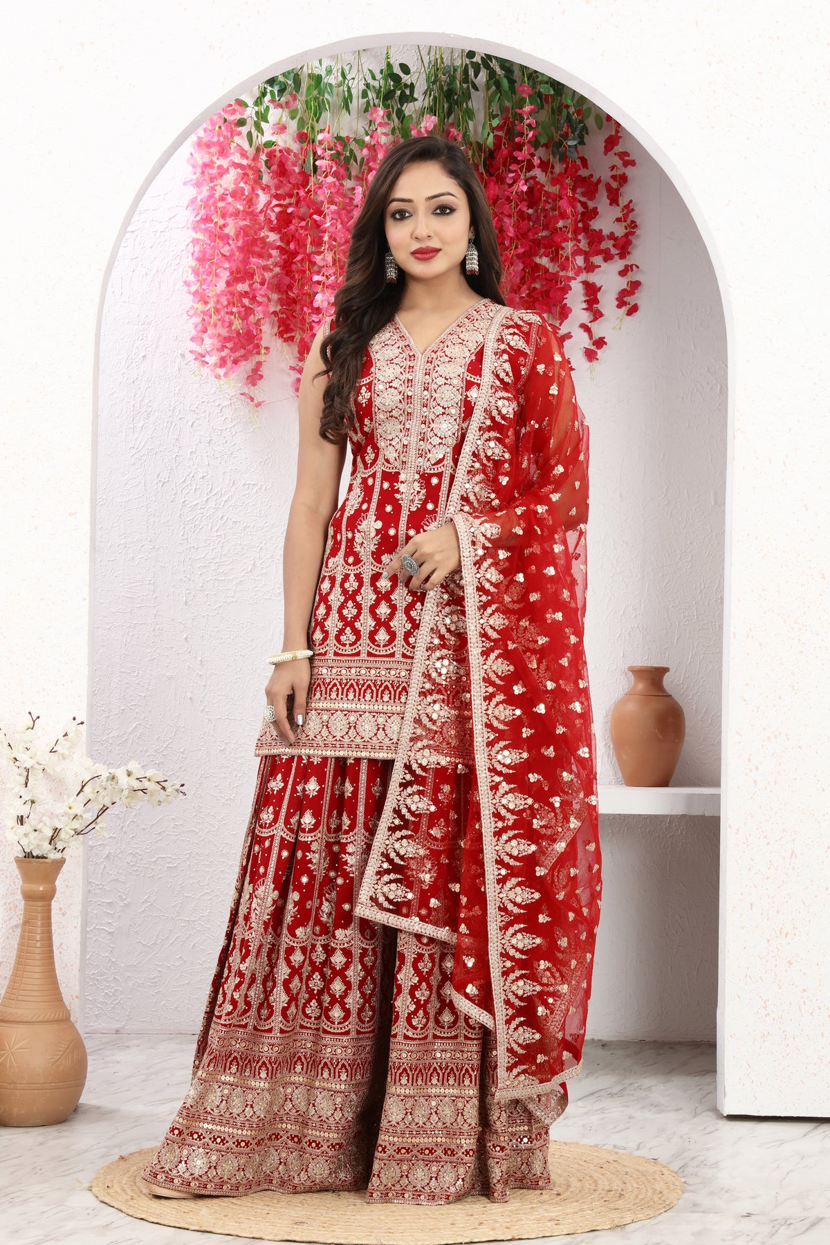 Timeless Grace Red Palazzo Set with Embroidered Kurta & Luxe Dupatta