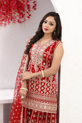 Timeless Grace Red Palazzo Set with Embroidered Kurta & Luxe Dupatta