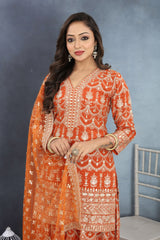 Bright & Beautiful Orange Embroidered Top Palazzo with Net Dupatta