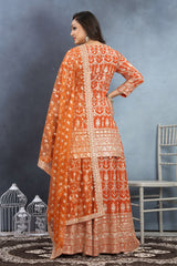 Bright & Beautiful Orange Embroidered Top Palazzo with Net Dupatta