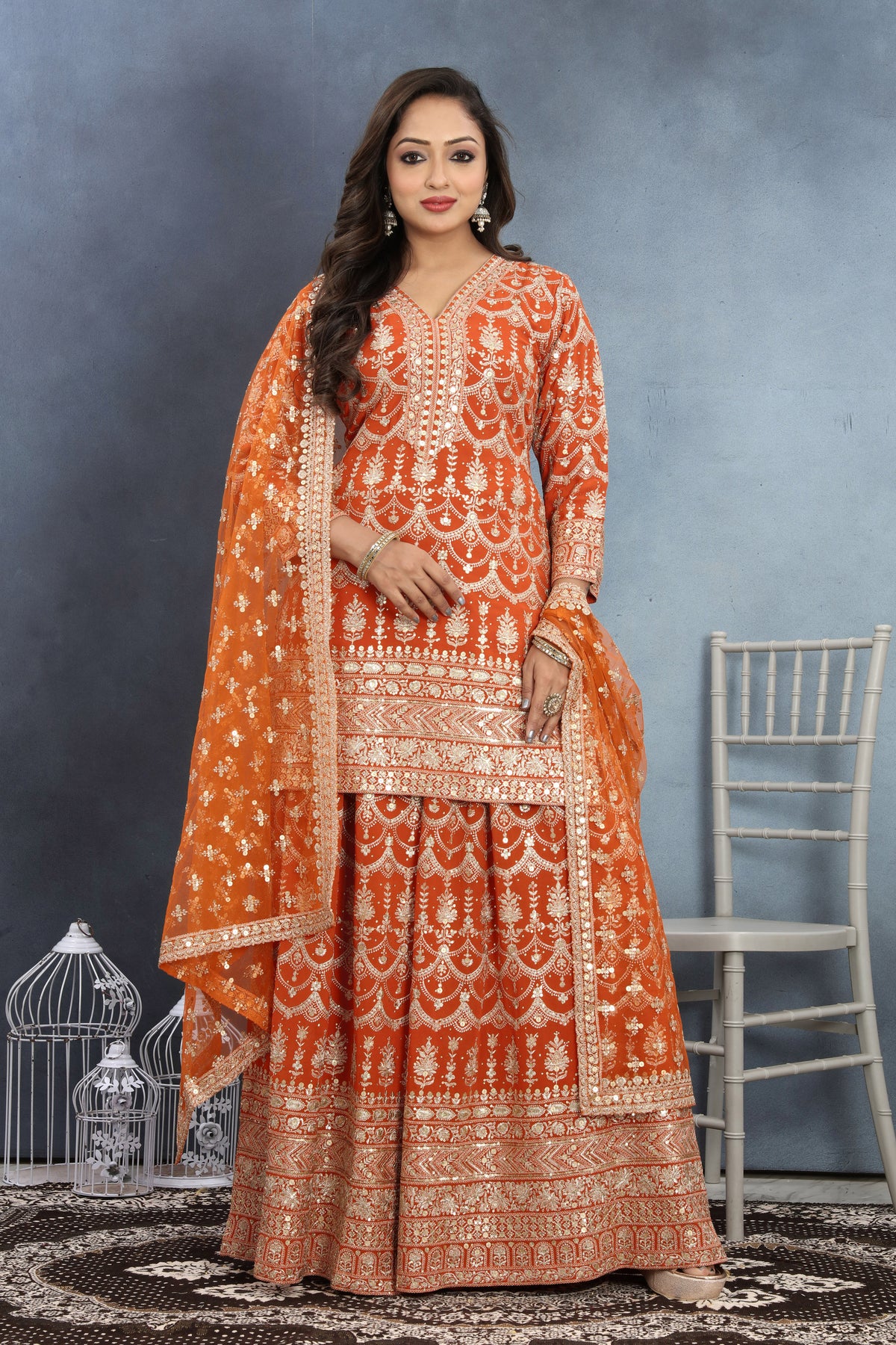 Bright & Beautiful Orange Embroidered Top Palazzo with Net Dupatta