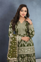 Graceful in Olive Green Embroidered Top Ghaghra with Net Dupatta