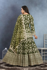 Graceful in Olive Green Embroidered Top Ghaghra with Net Dupatta