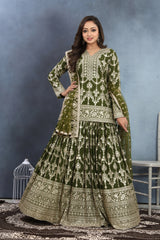 Graceful in Olive Green Embroidered Top Ghaghra with Net Dupatta