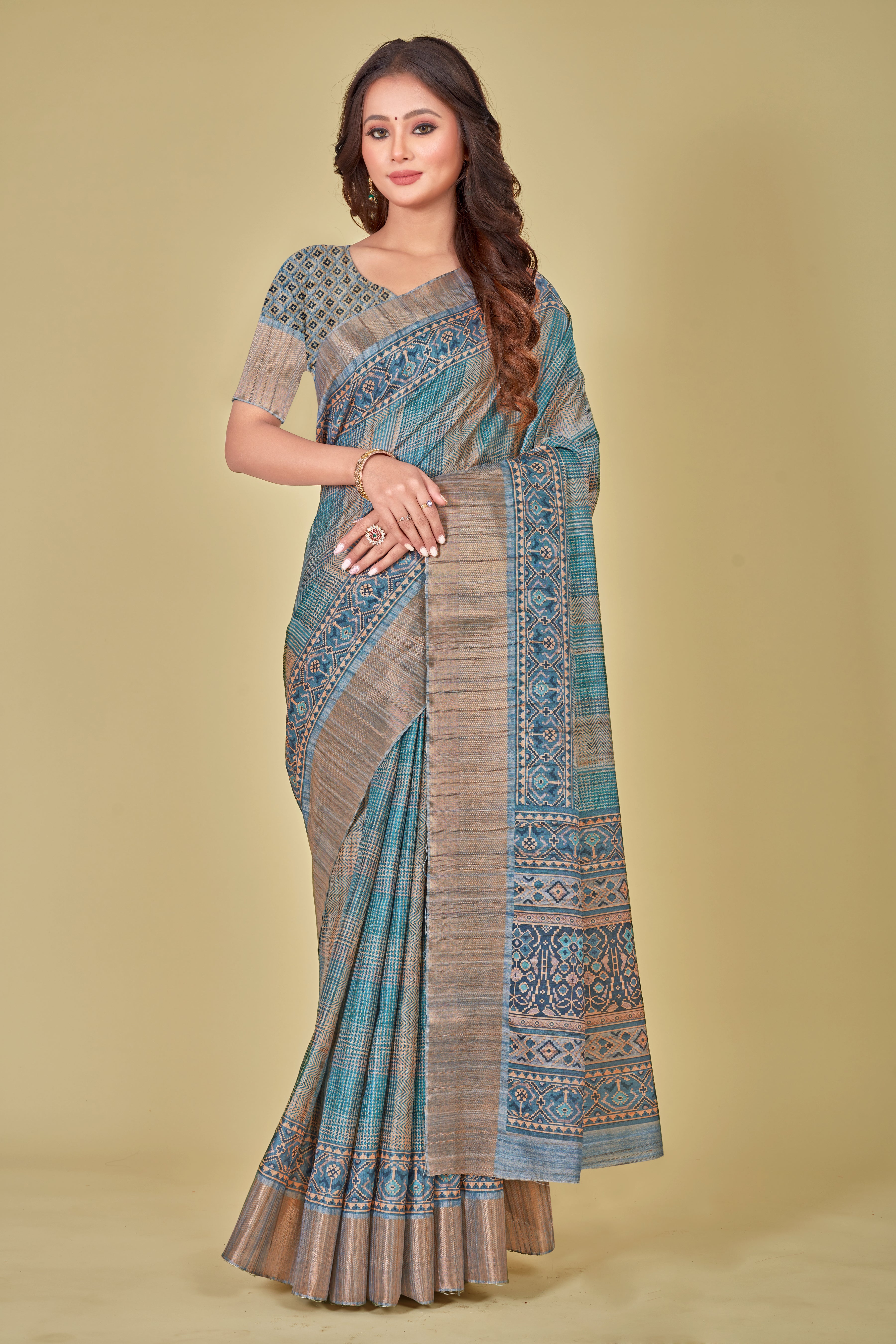 Cornflower Blue Texture Digital Printed Kotha Silk Saree