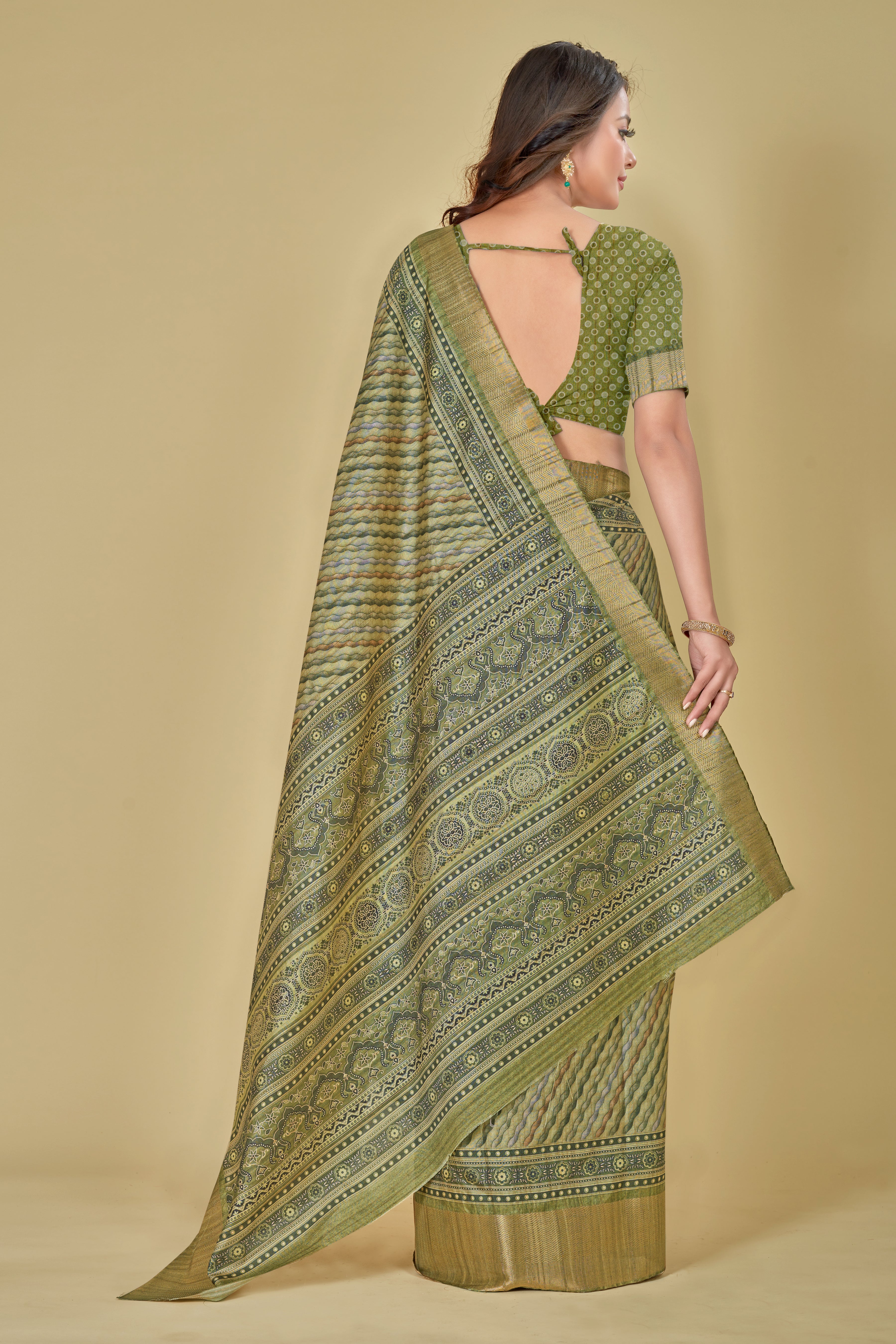 Olive Drab Texture Digital Printed Kotha Silk Saree