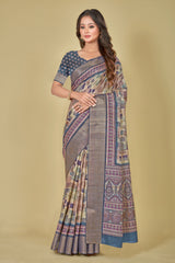 Dark Slate Blue Color Abstract Digital Printed Kotha Silk Saree