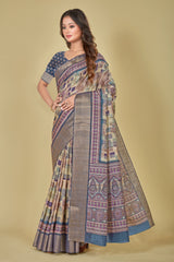 Dark Slate Blue Color Abstract Digital Printed Kotha Silk Saree