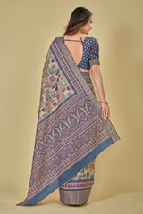 Dark Slate Blue Color Abstract Digital Printed Kotha Silk Saree
