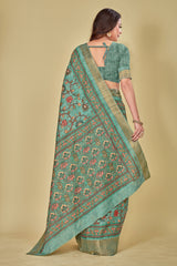 Dark Turquoise Floral Digital Printed Kotha Silk Saree