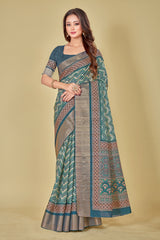 Dark Turquoise Abstract Digital Printed Kotha Silk Saree