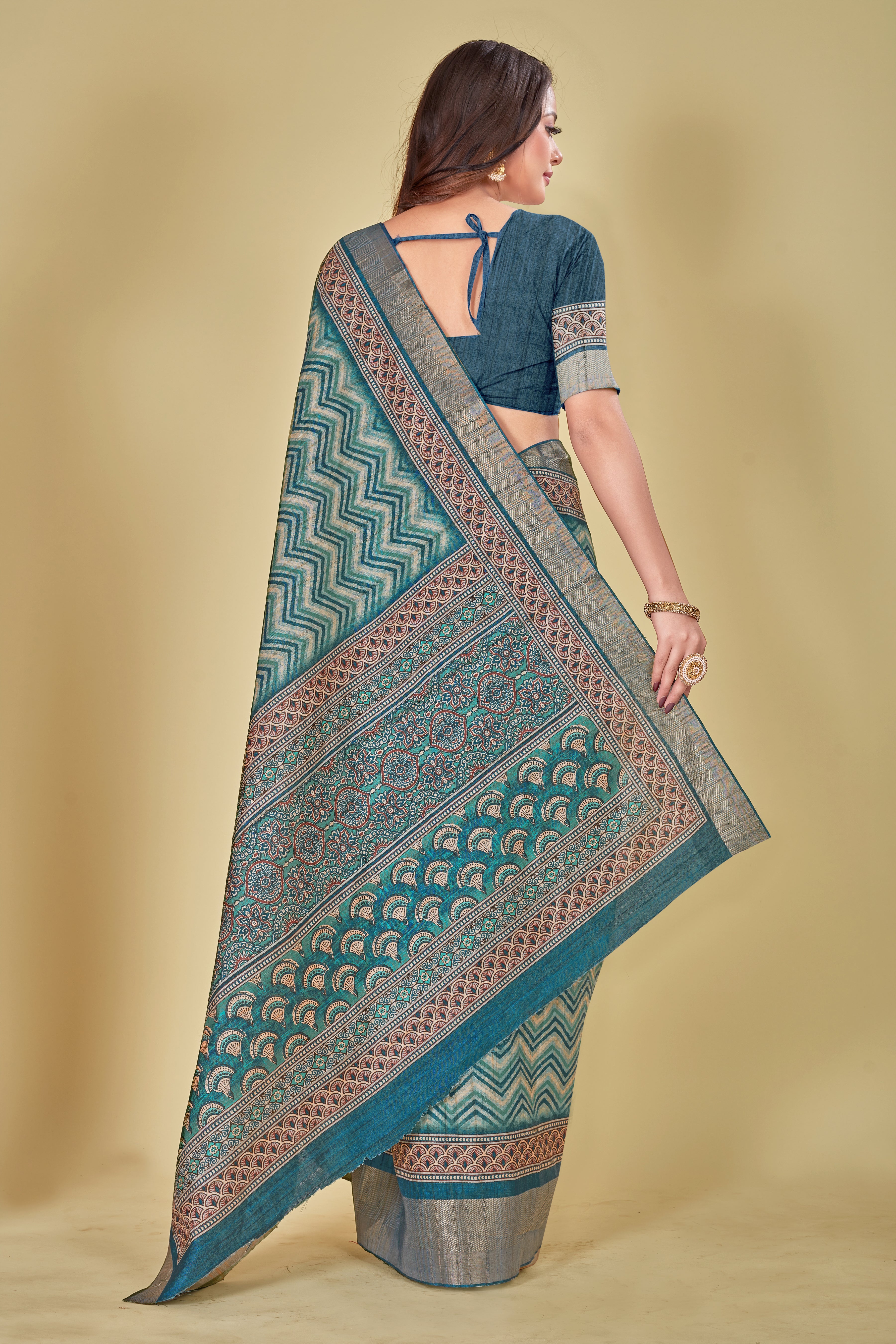 Dark Turquoise Abstract Digital Printed Kotha Silk Saree