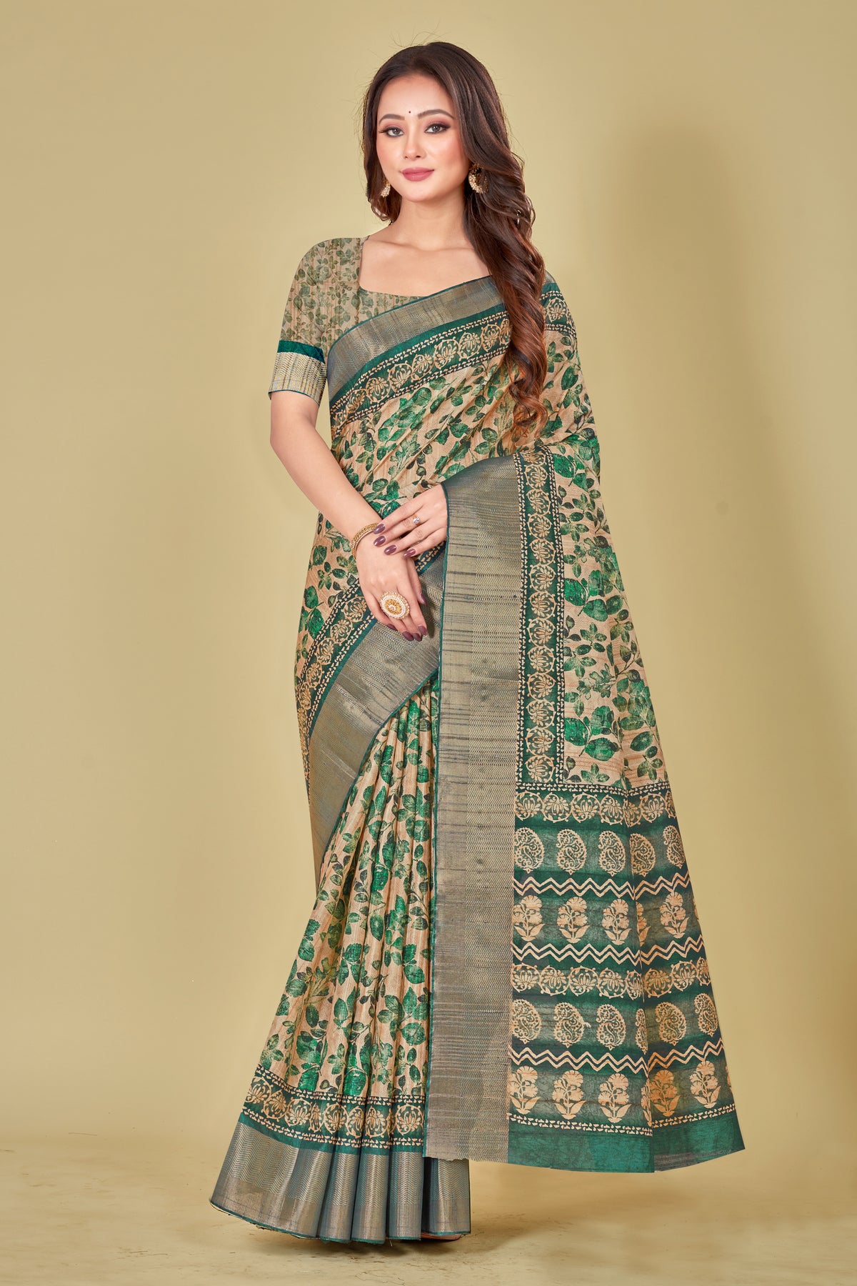 Light Sea Green Floral Digital Printed Kotha Silk Saree