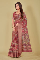 Indian Red Floral Digital Printed Kotha Silk Saree