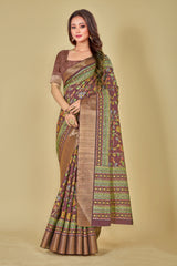 Brown Floral Digital Printed Kotha Silk Saree