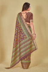 Brown Floral Digital Printed Kotha Silk Saree