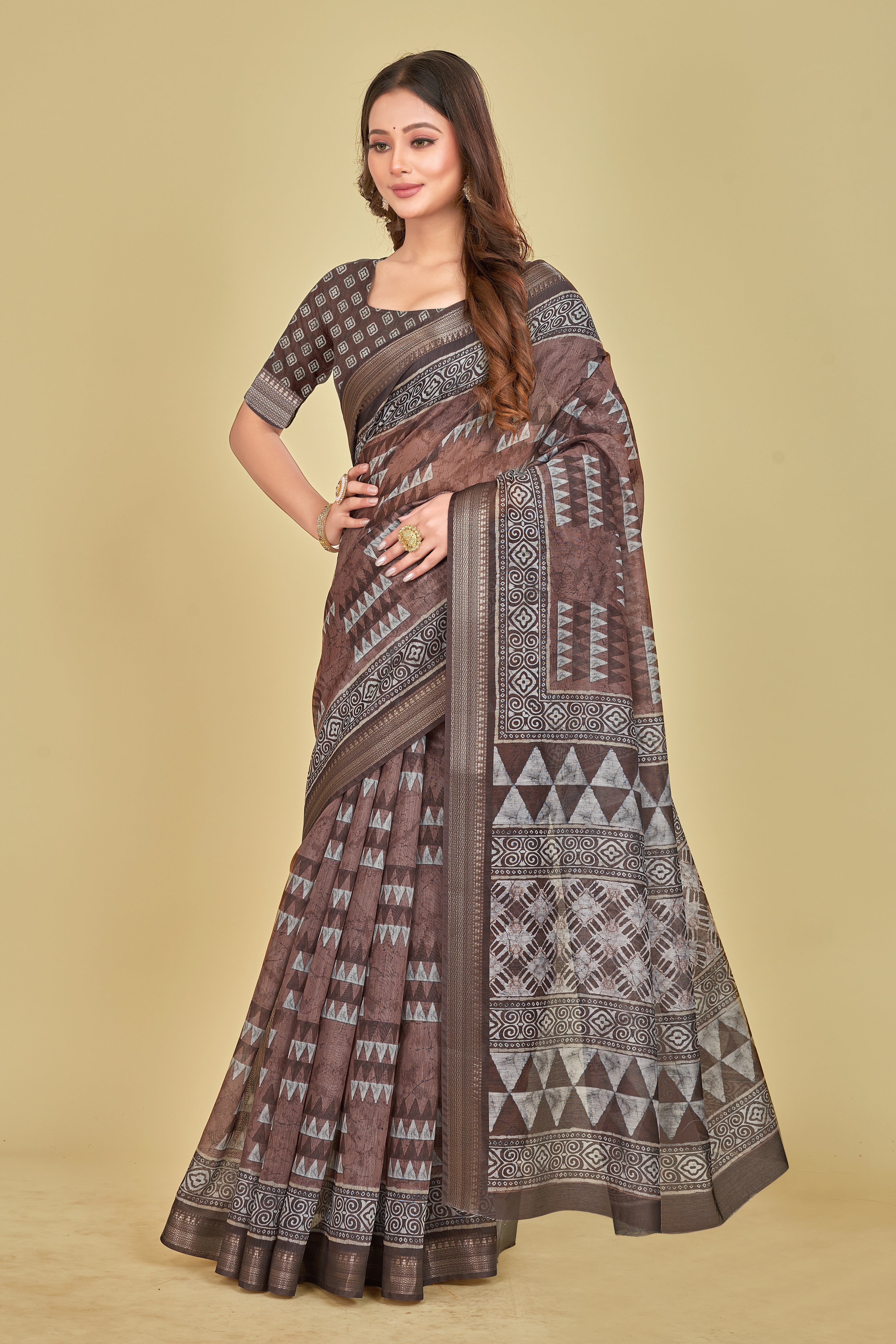 Rosy Brown Abstract Digital Printed Mulberry Silk Saree