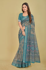 Medium Turquoise Stripes Digital Printed Mulberry Silk Saree