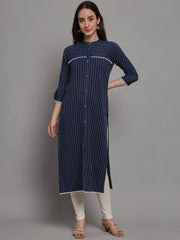 Navy Silk Fabrics Straight A-Line Kurti