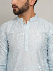 Powder Blue Natural Embroidery Silk Kurta