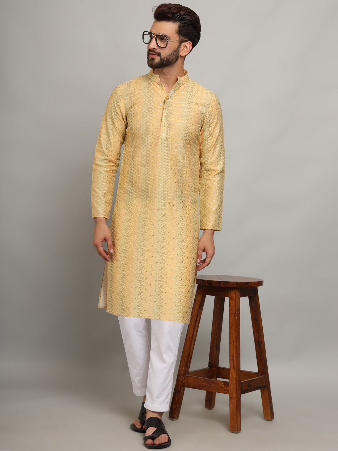 Yellow Silk Ethnic Kurta With Foil Embroidery