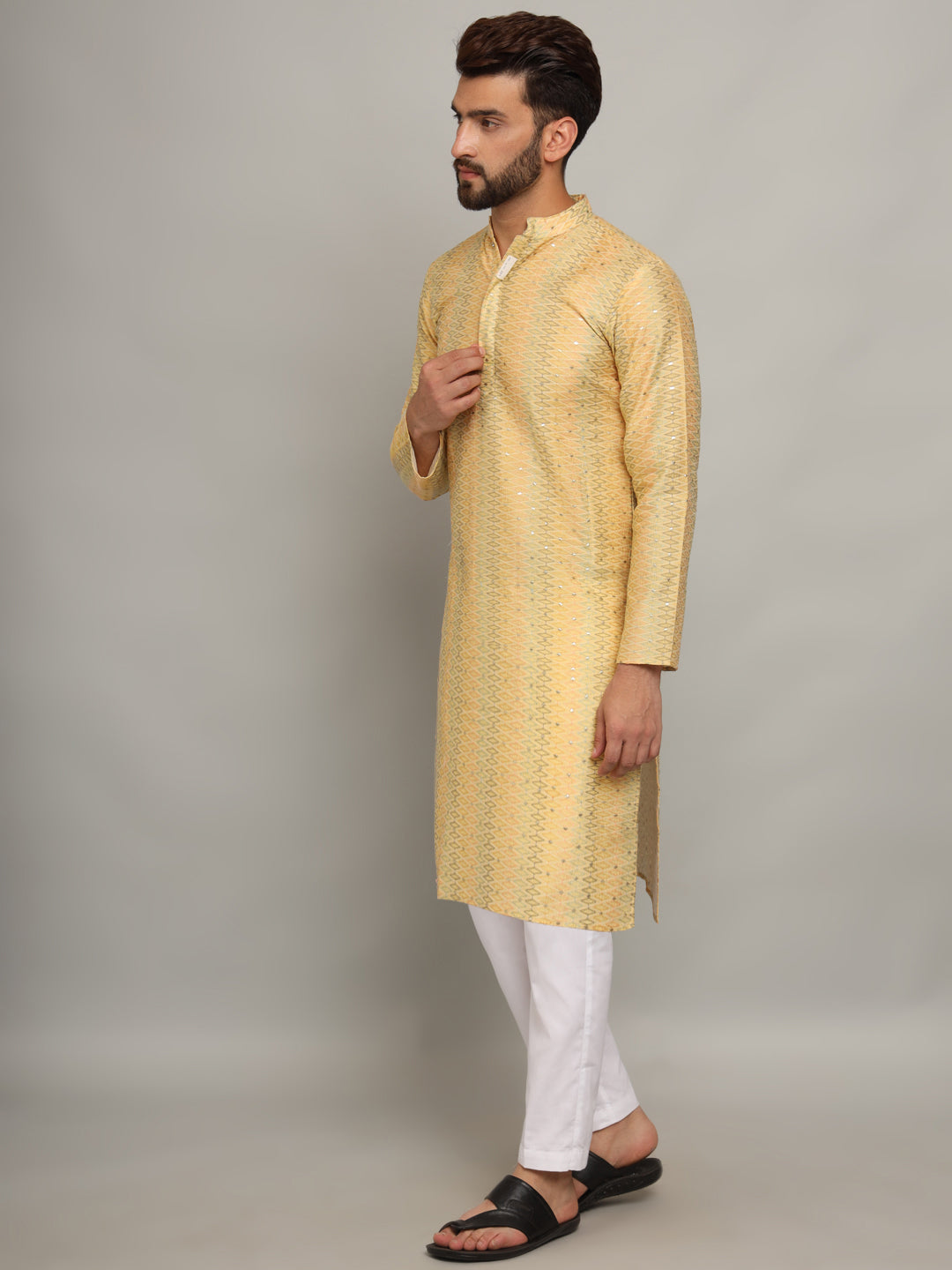 Yellow Silk Ethnic Kurta With Foil Embroidery
