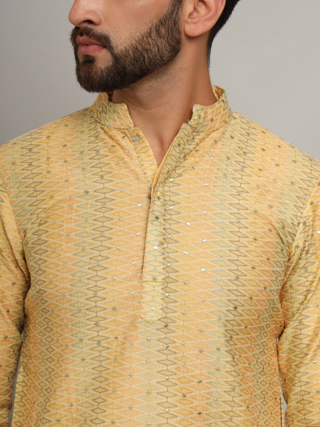 Yellow Silk Ethnic Kurta With Foil Embroidery