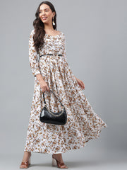 White Floral Printed Western Dress