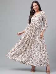 White Floral Printed Western Dress