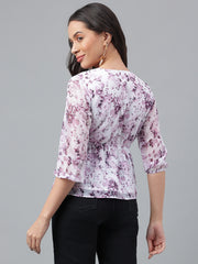 Half sleeves Floral Print Georgette Purple and White