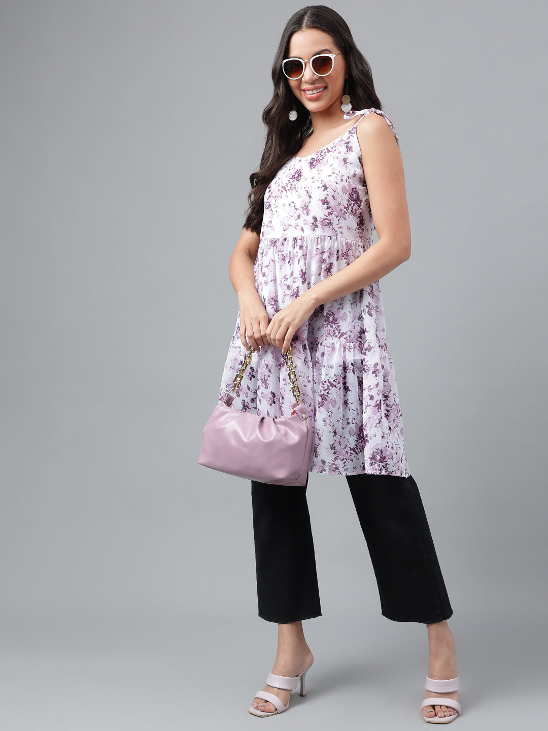 White and Purple Georgette floral top sleeveless