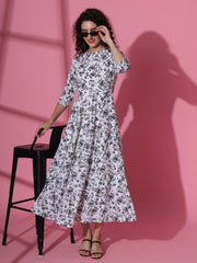 White Chiffon Floral Printed Western Fit & Flair Maxi Dress For Women