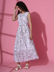 White Georgette Floral Printed Western Maxi Dress