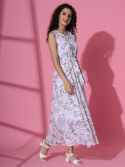 White Georgette Floral Printed Western Maxi Dress