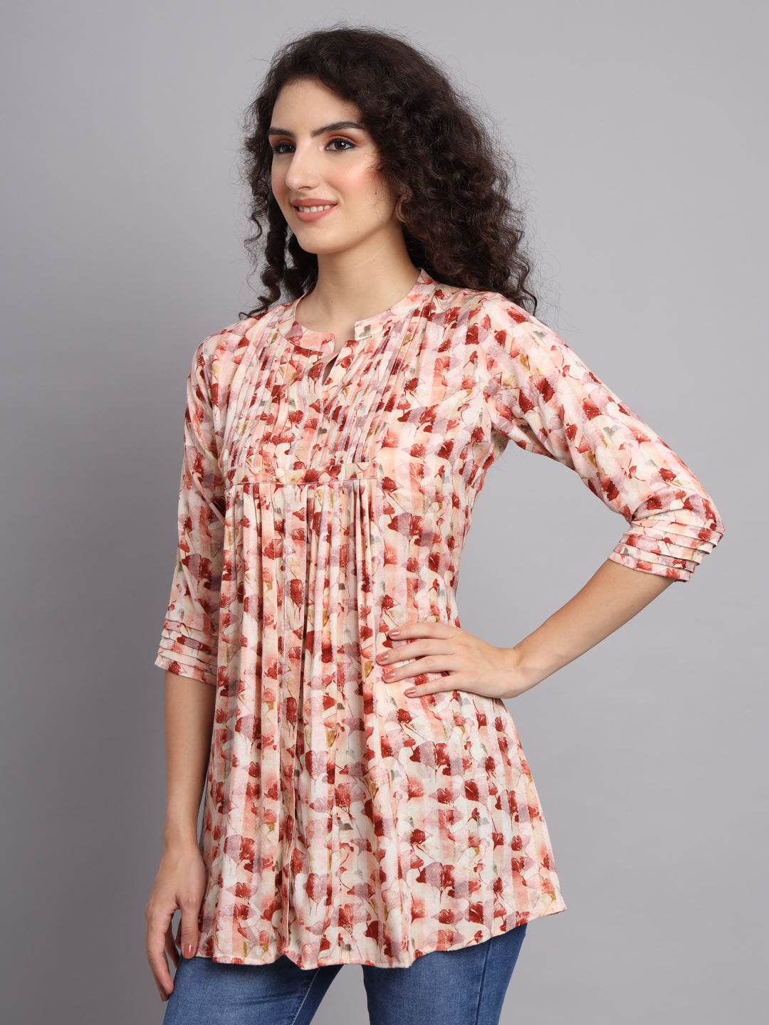 Floral Printed Cotton Pleated Western Midi Dress