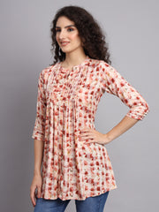 Floral Printed Cotton Pleated Western Midi Dress