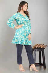 Pale Turquoise Shibori Print Satin Top