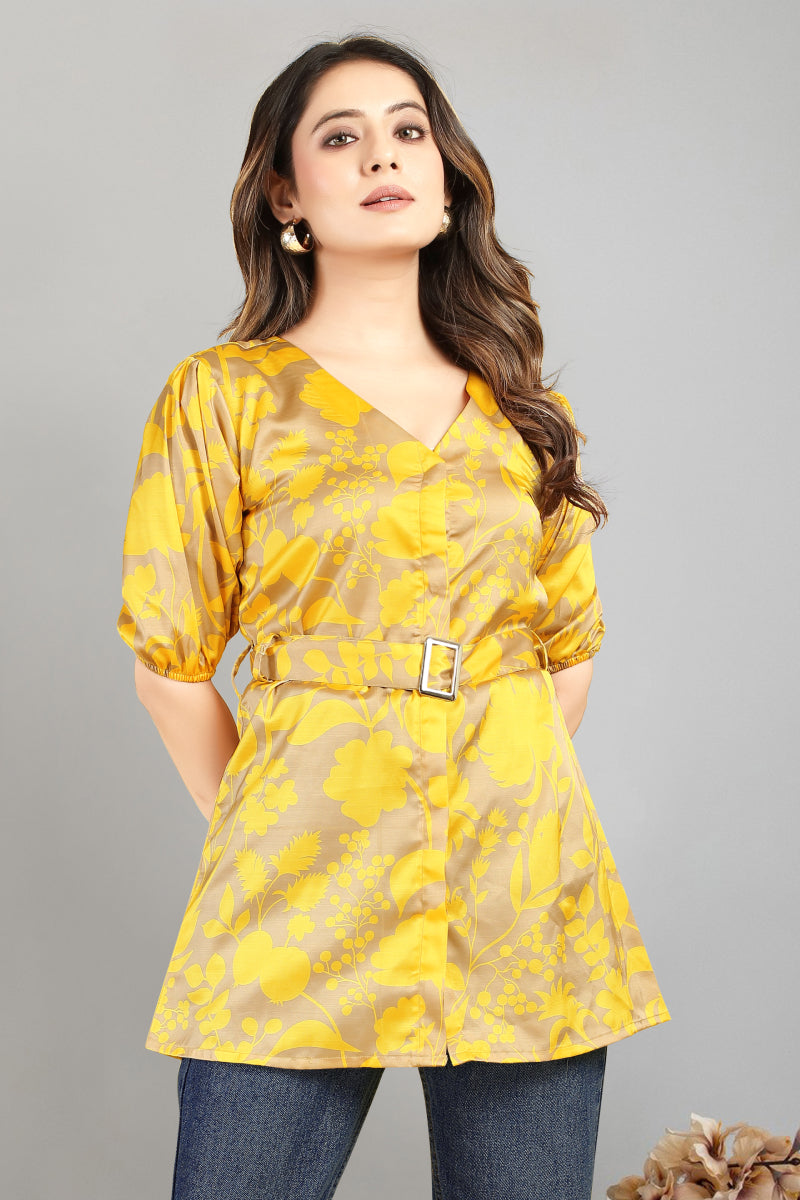 Yellow And Beige Satin Floral Print Mini Dress