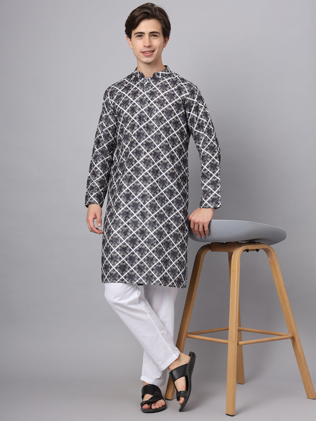 Black And White Checks Printed Rayon Kurta