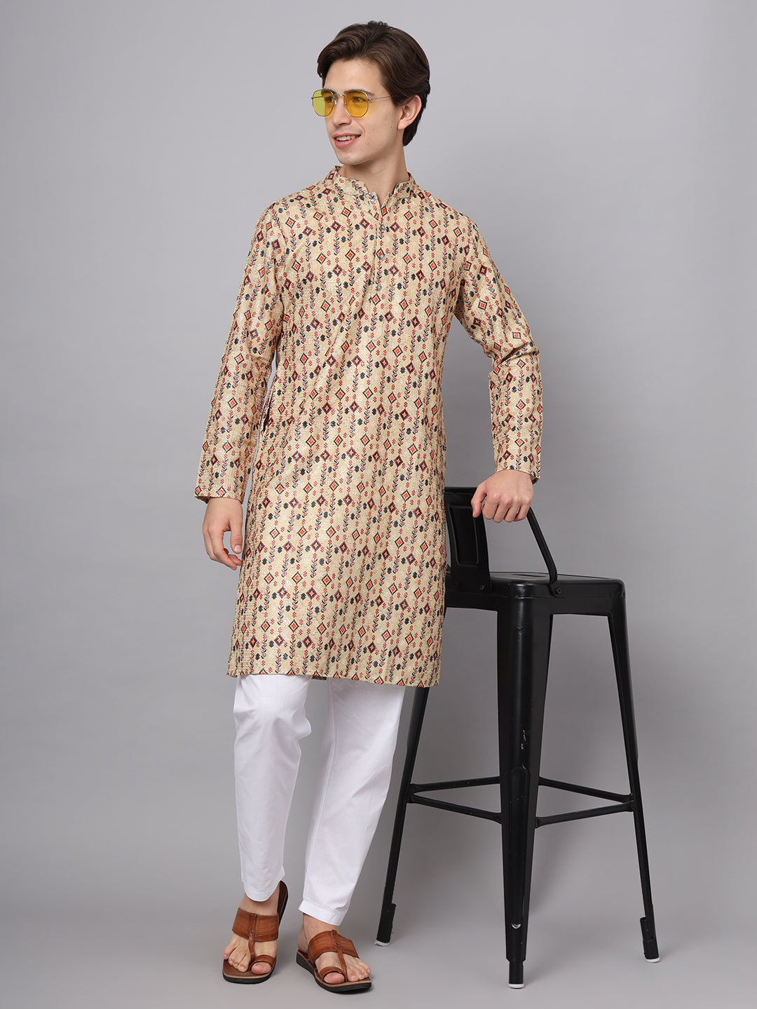 Beige Floral Printed Rayon Kurta