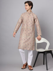 Beige Color Chinon Printed Men's Ethnic Kurta