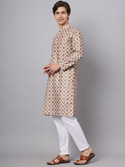 Beige Color Chinon Printed Men's Ethnic Kurta