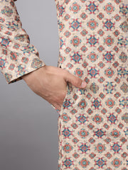 Beige Color Chinon Printed Men's Ethnic Kurta