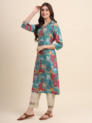 Sea Green & Red Cotton kurti