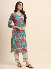 Sea Green & Red Cotton kurti