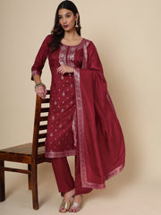 Maroon Women Ethnic Kurti Pant With Dupatta